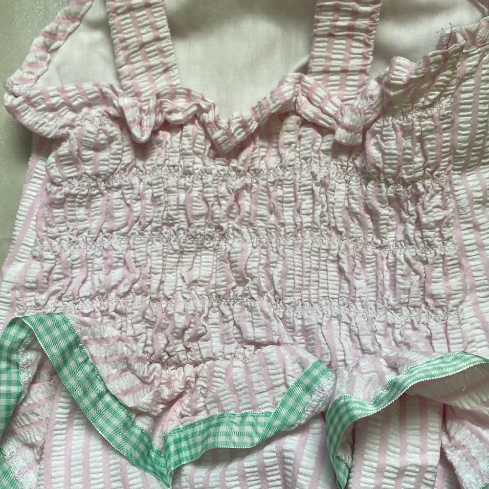 Funtasia Too! Light Pink Seersucker One-Piece Swimsuit with Smocked Back, 4T